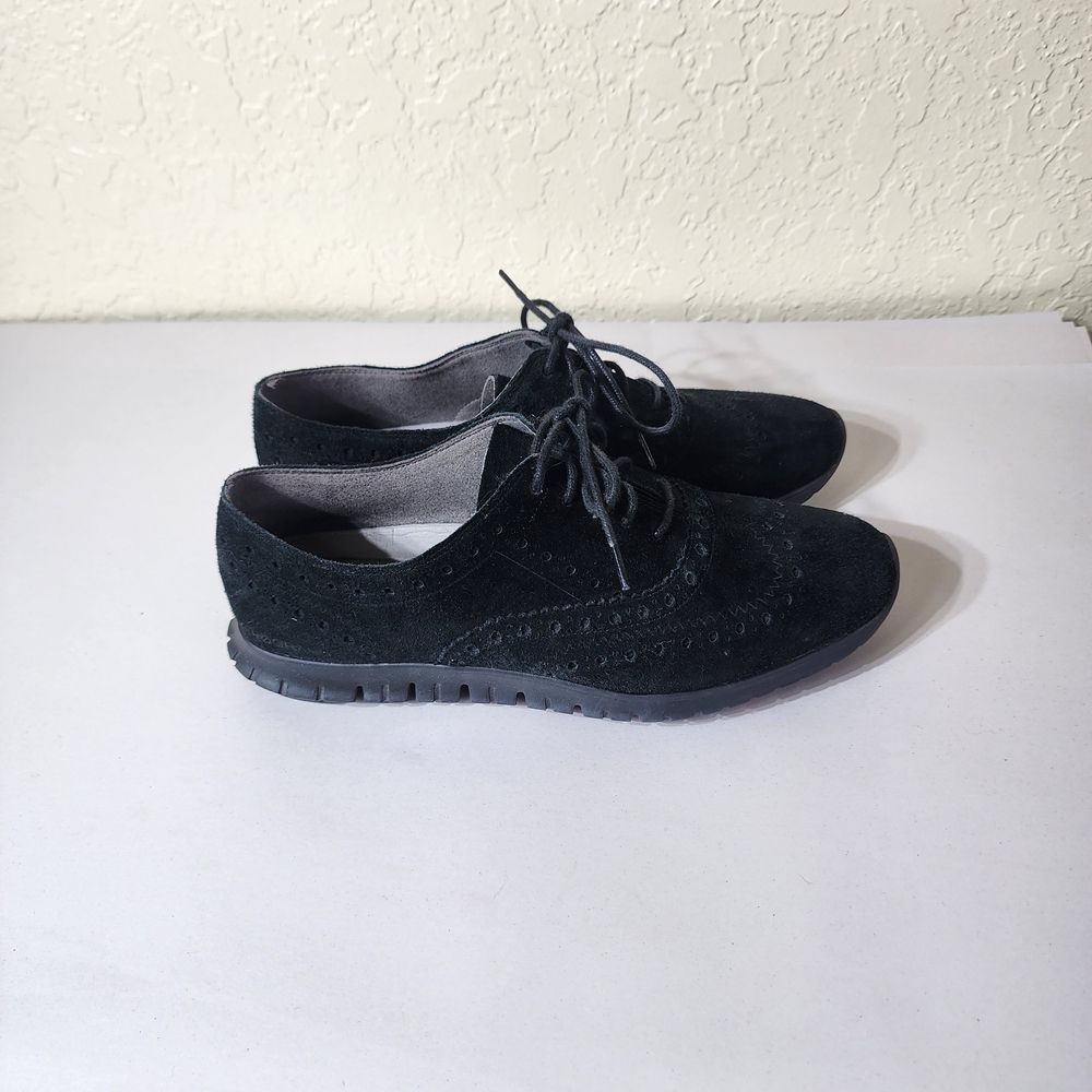 Cole Haanโ Black Suede Wingtip Lace-Up Flats